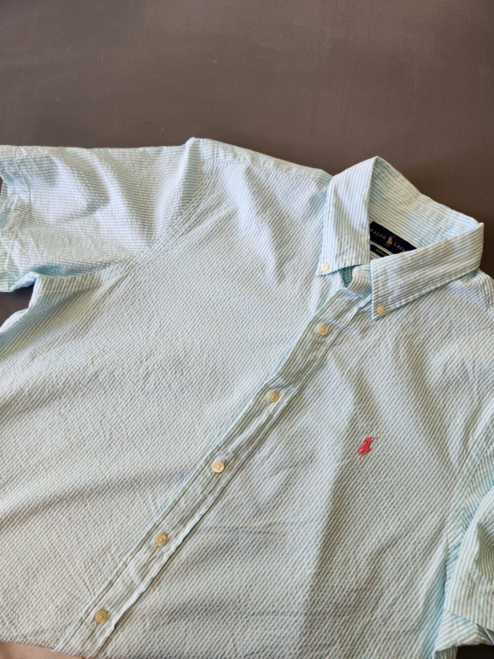 Ralph Lauren Classic Fit Aqua White Seersucker Striped Shirt Mens L Button Down